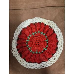 Hand Crocheted Dimensional Rose Doily 6" Red Floral Lace Wall Decor